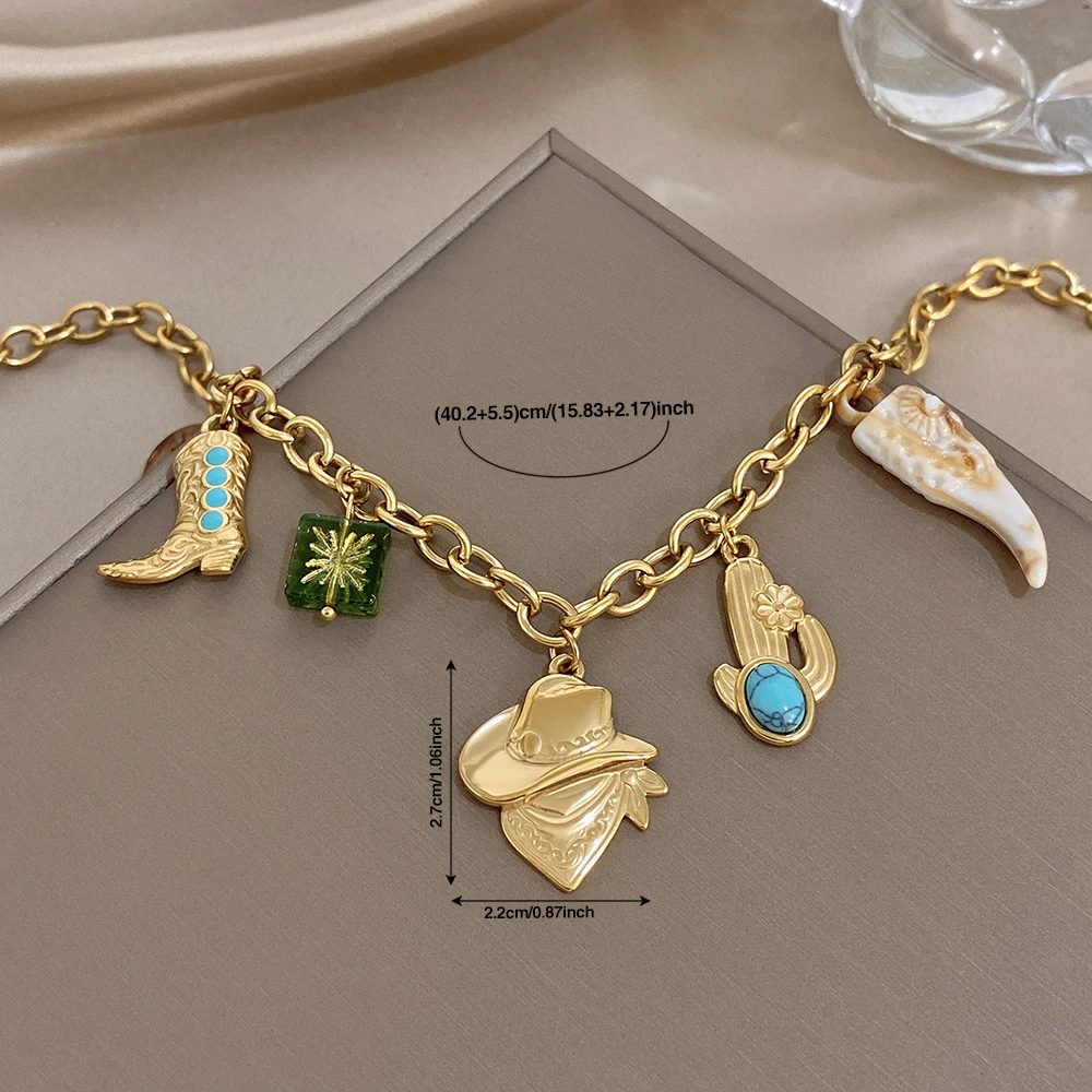 Flashbuy New Trend Stainless Steel Vintage Chic Boots Bull Head Cactus Charm Cowboy Hat Pendant Necklace Statement Party Jewelry
