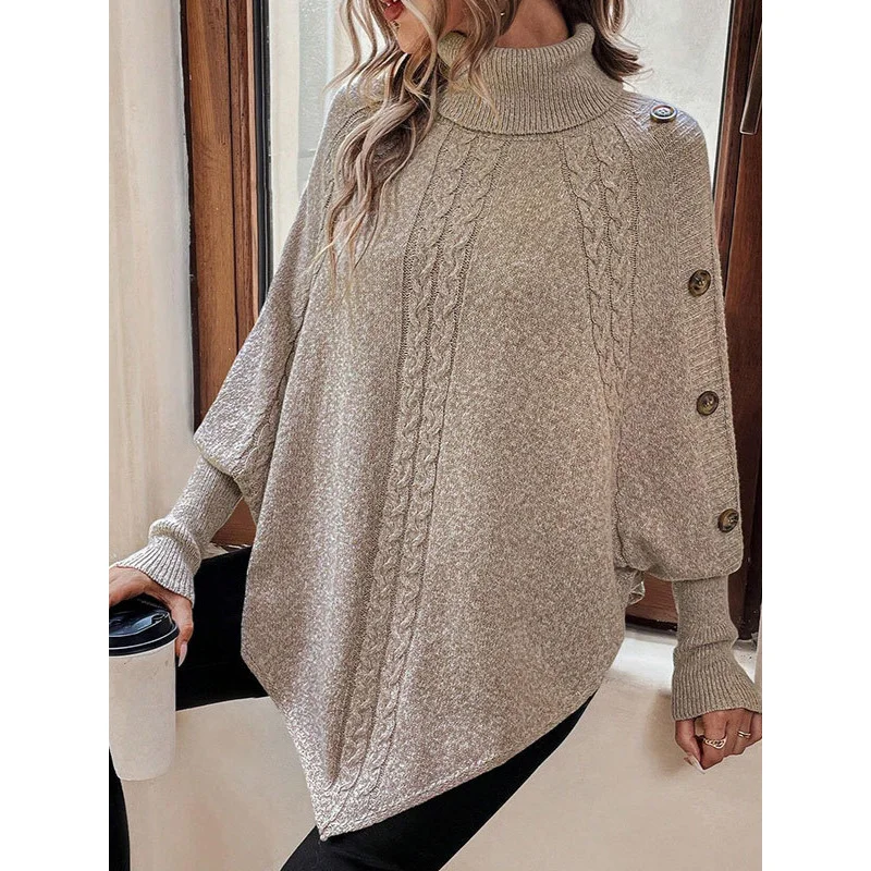 European and American Autumn and Winter New Twisted Women's Sweater Fashion High Collar Fastener Decoration Long Sleeve Batwing