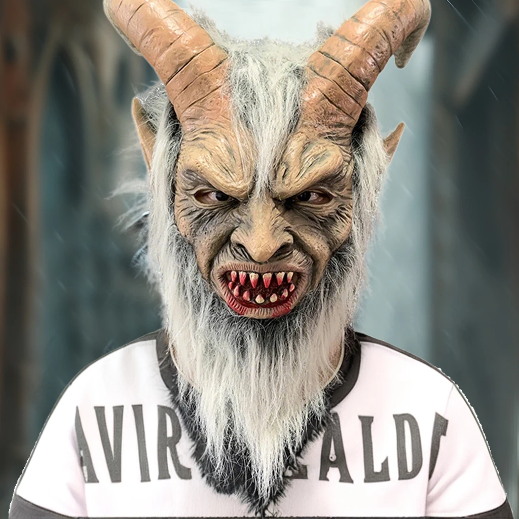 Krampus Lucifer Devil Latex Mask Adult Halloween Horror Dress up Masks Costume Movie Cosplay Evil Scary Horn Helmet Accessory