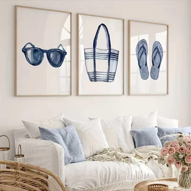 

3pcs Coastal Beach Watercolor Art Prints, Navy Blue Summer Sunglasses, Beach Bags Flip-flops, Canvas Posters for Home Decoration