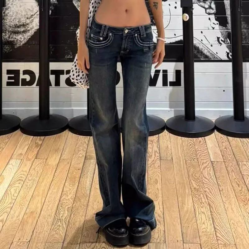 여성을위한 미국 빈티지 Y2K 청바지 섹시 슬림 로우 웨이스트 와이드 레그 데님 바지 여성 패션 streetwear 플레어 진 바지