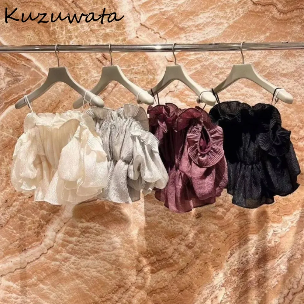 Kuzuwata New Sweet Slash Neck Puff Sleeve Shirt Off Shoulder Mesh Patchwork Ruched Blouses Japan Ruffles All-match Women Blusas