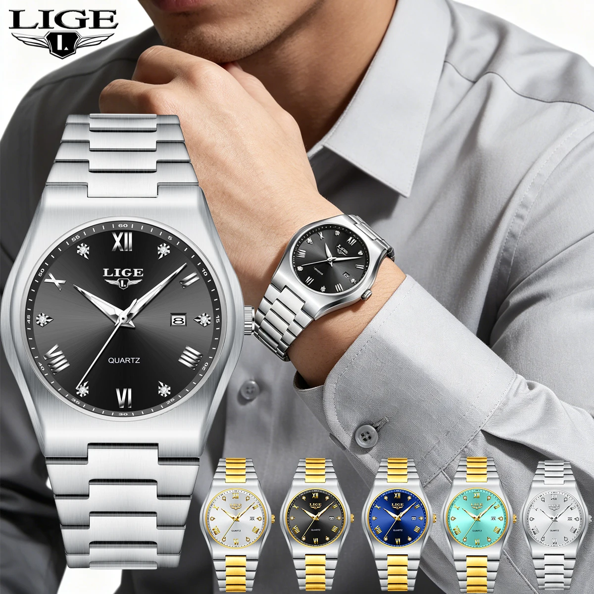 Montre à quartz pour homme LIGE, acier inoxydable, étanche, lumineuse, chronographe, date, multifonction, avec boîte.