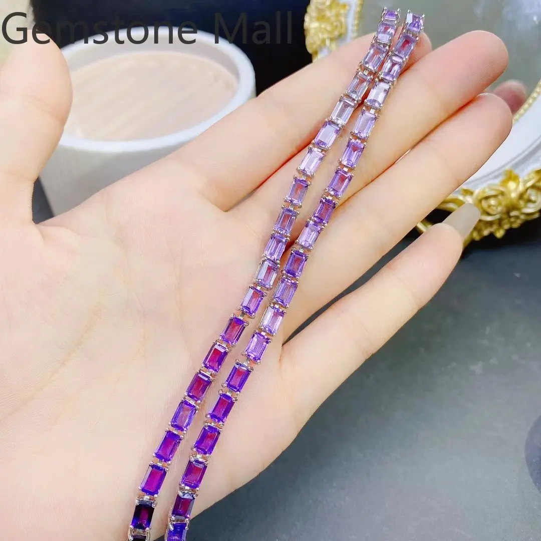 100% Natural Amethyst Bracelet 4mm*6mm 20 Pieces Total 11ct Amethyst Jewelry 925 Silver Crystal Bracelet Gift for Woman