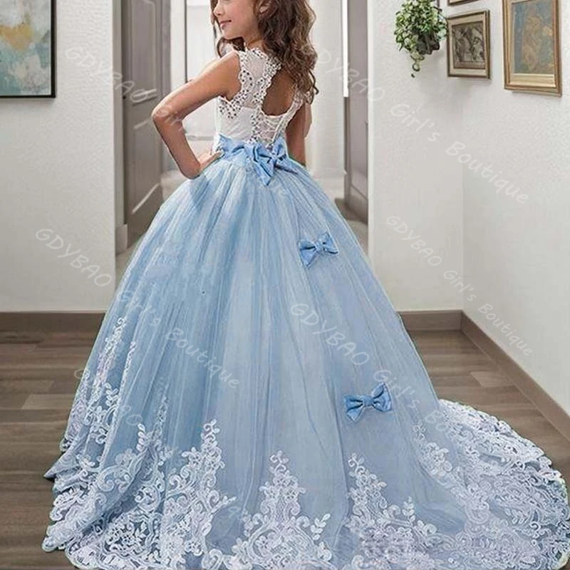 فستان فتاة الزهور الخضراء لوصيفات العروس لحفلات الزفاف مزين بالخرز من التل فستان التواصل الأول مع فيونكة/وشاحات فستان حفلات مخصص