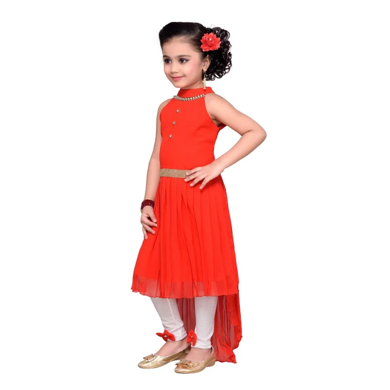 Red Girls' Casual Dress Children's Solid High Low Dress Girls' European and American Fashion Trend