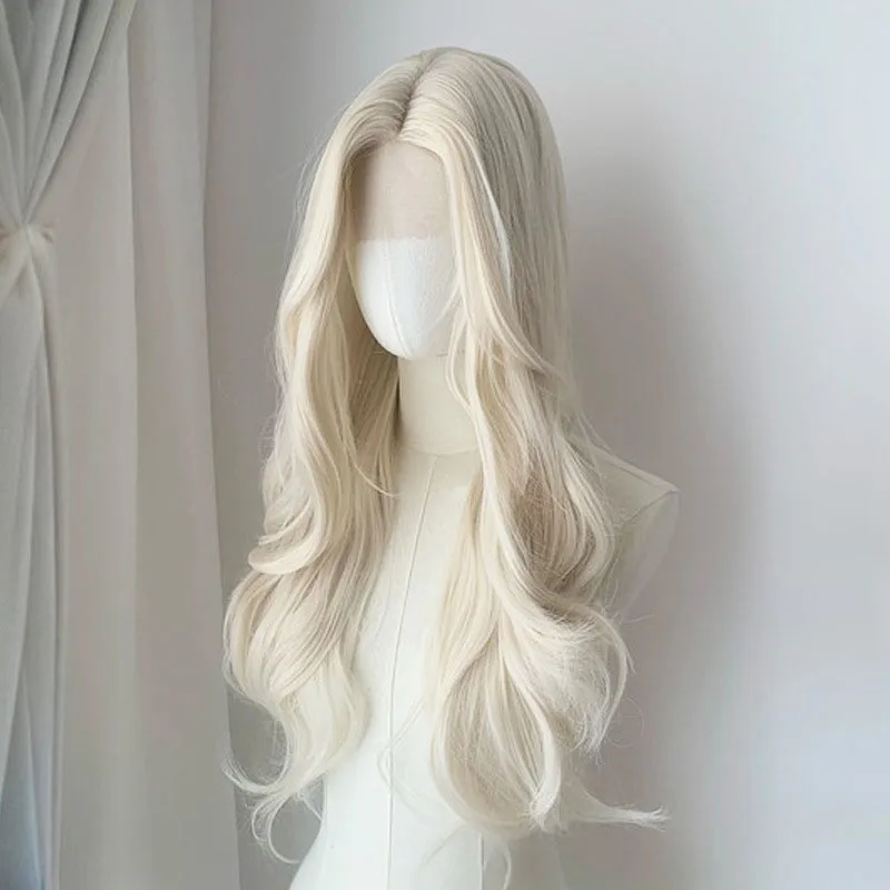 

Frontal lace light white gold long curly hair full head wig, figure-eight bangs big wave natural imitation hair wig