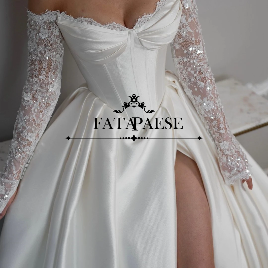 FATAPAESE Satin Wedding Dress  Featured Illsuion Soft Lace Sleeve Off-shoulder Full Sleeve Sweetheart SideSlit A-line Bride Gown