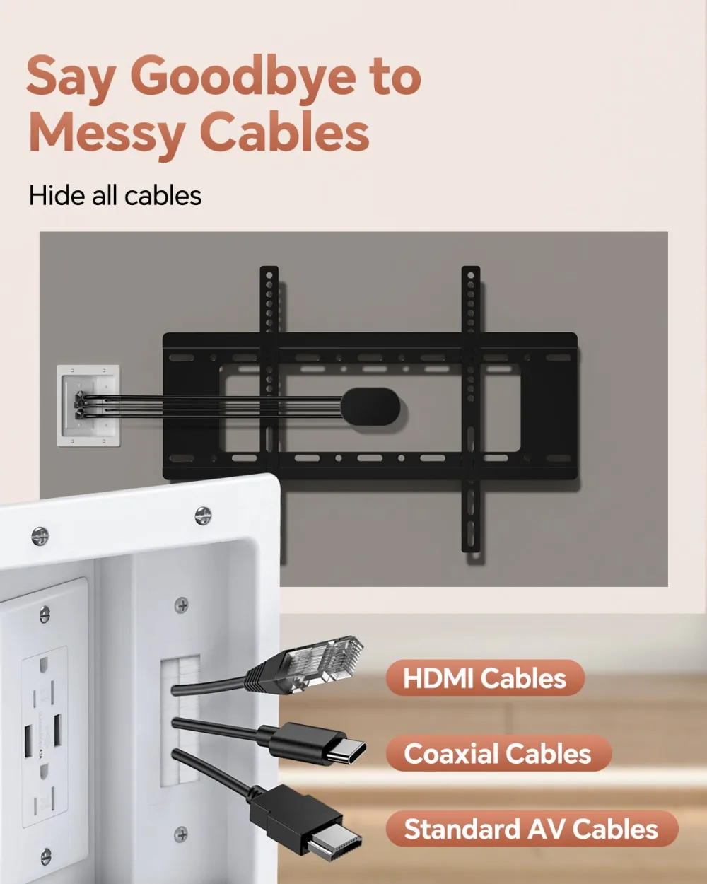 Awapow Recessed Outlet Box in Wall Cable Management Kit 4.2A Dual USB Socket Brush Panel Hide TV Power Cable & Low Voltage Wires