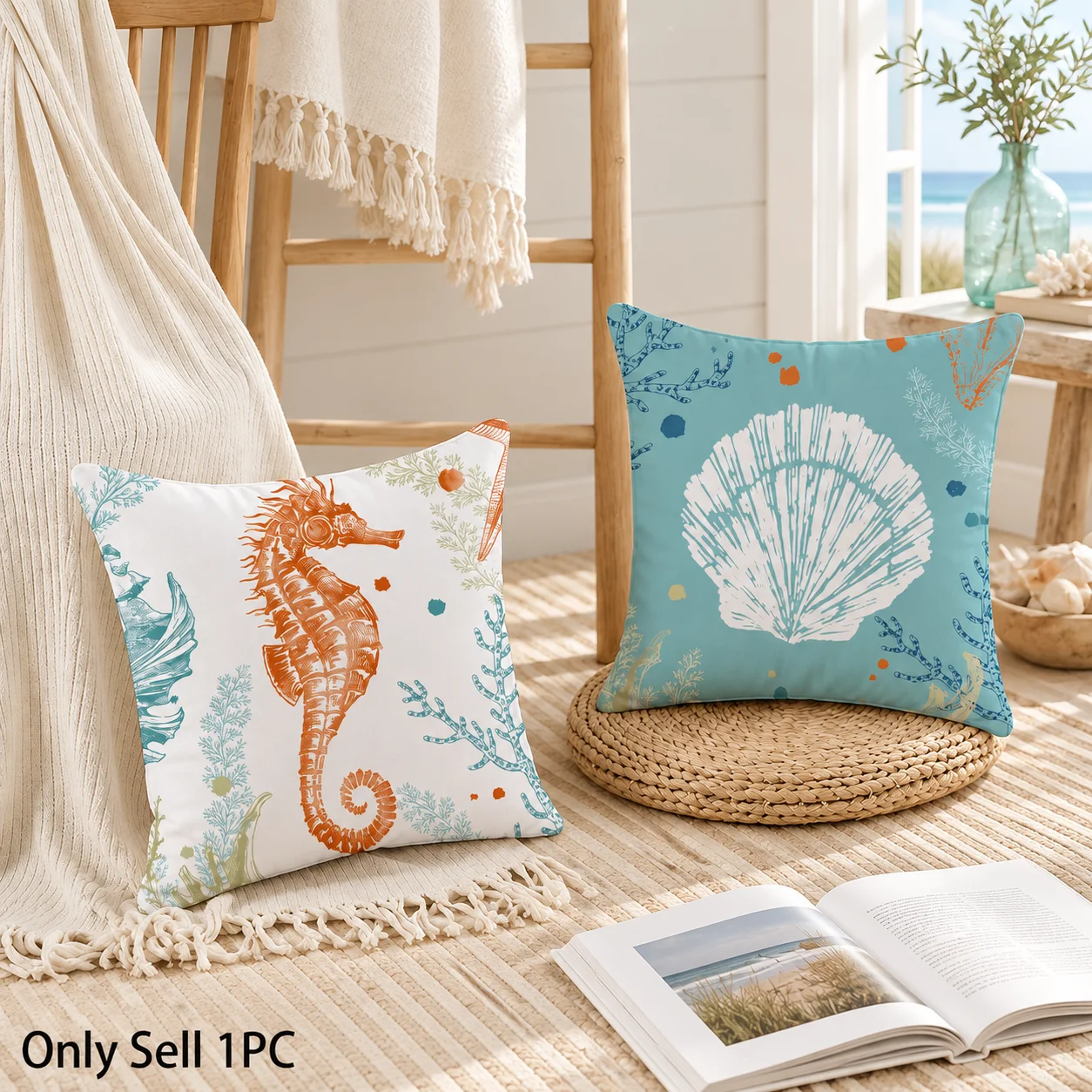 Coastal Seahorse Seashell Starfish Cushion Cover Short Plush Double-Sided Print Throw Pillow Cover for Beach House Home Decor