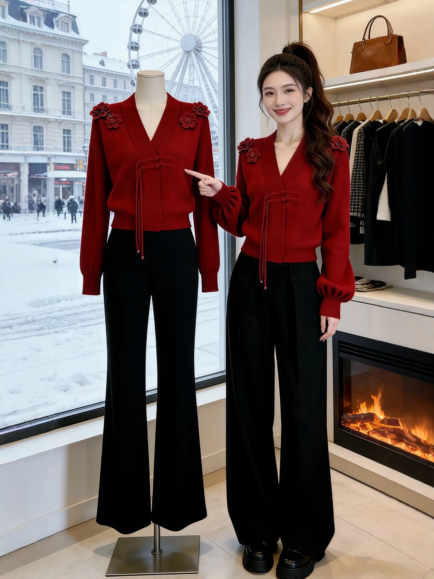 

Red 3D Flower V-Ne ort Knitwear Women's Casual Loose Fit Spring Large Size M Versatile New Chinese Sle Sweater Top