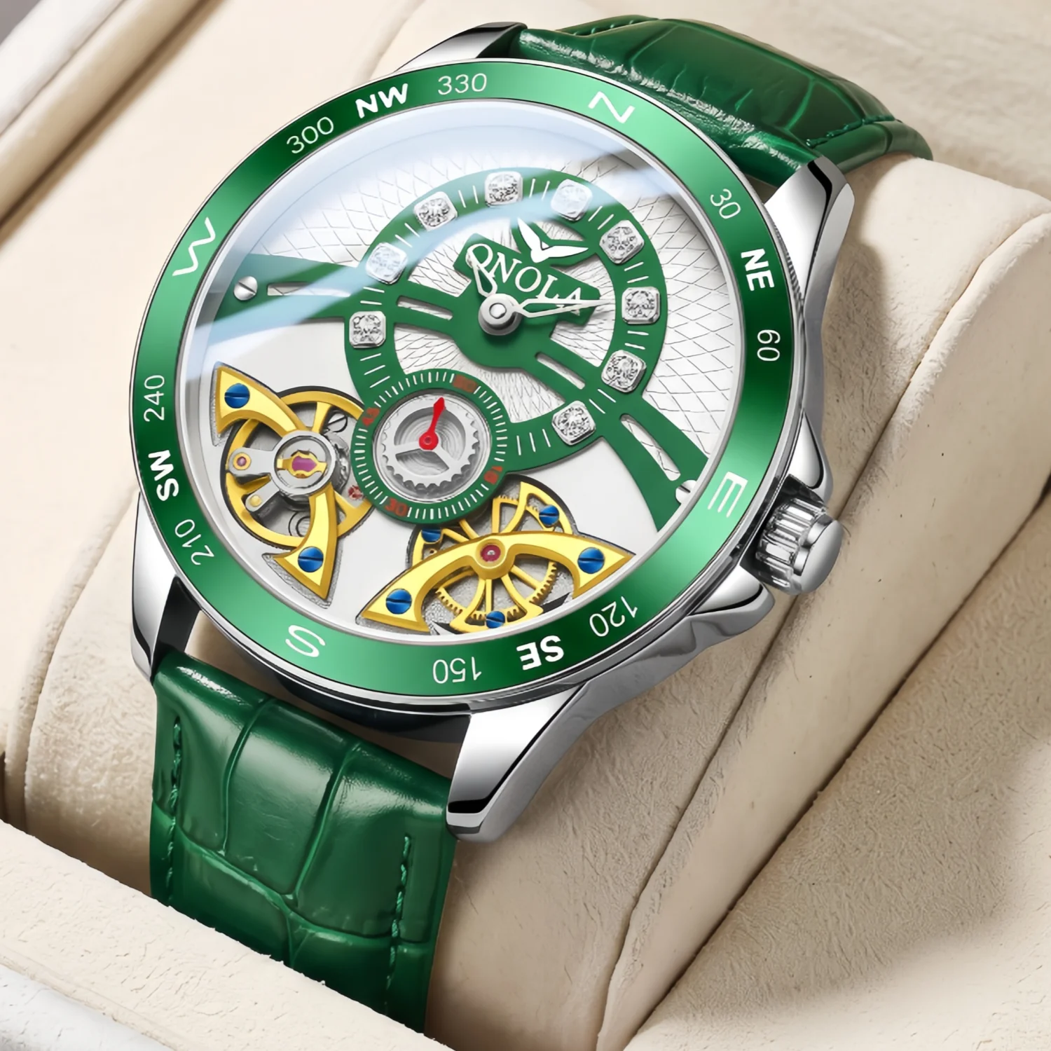 ONOLA Men's Automatic Mechanical Watch Alloy Case with Compass Bezel, Dual Rotor Skeleton Dial, Daily Wear