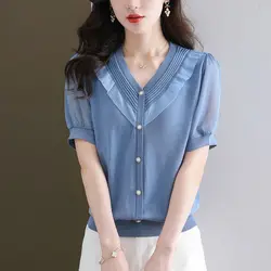 Commute Stylish Ruffles Patchwork Shirt Chic Pearl Button Summer Elegant V-Neck Female Clothing Solid Color Striped Folds Blouse