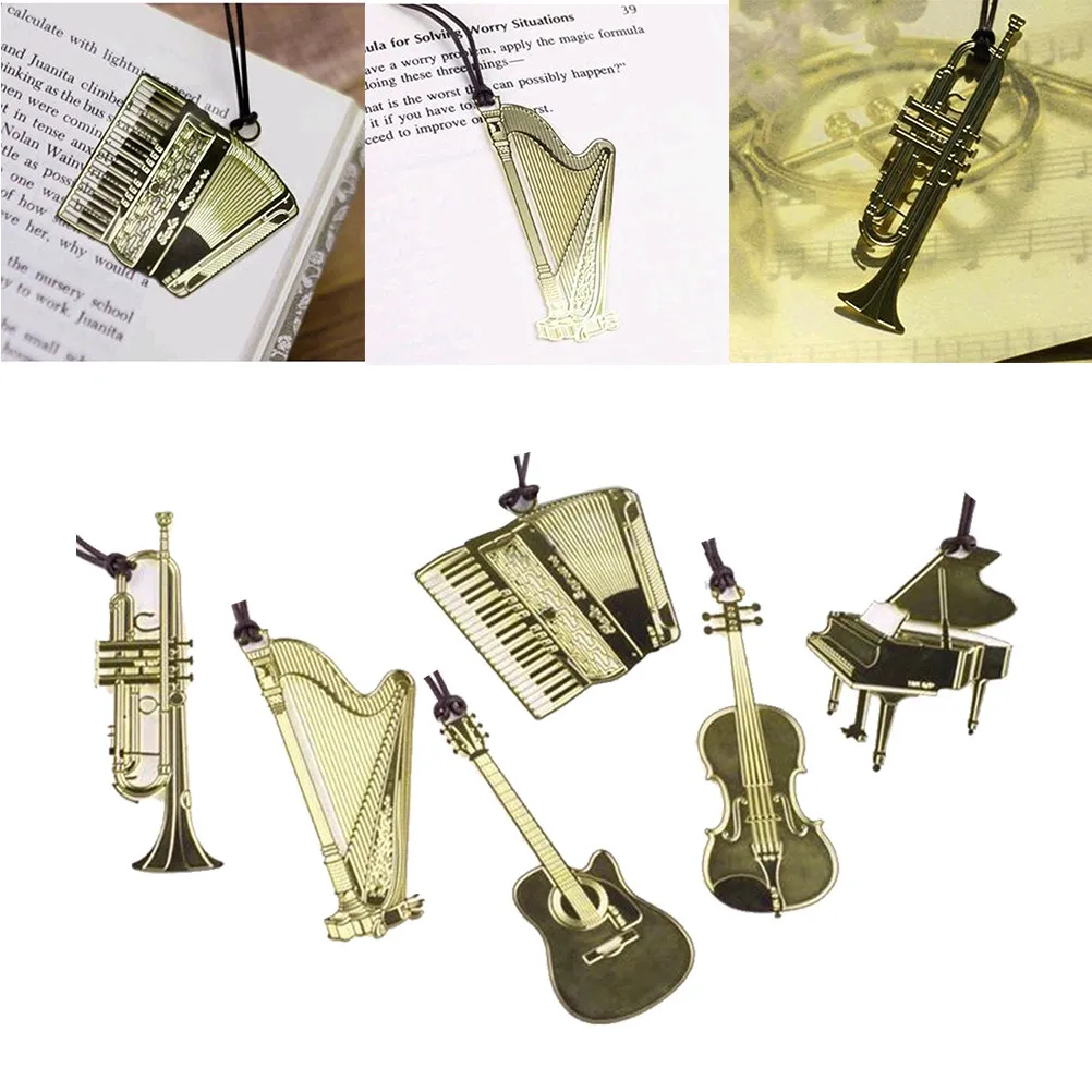 6Pcs Premium Brass Musical Instrument Bookmarks Vintage Creative Metal Bookmarks for Readers Writers Students Teachers Gifts