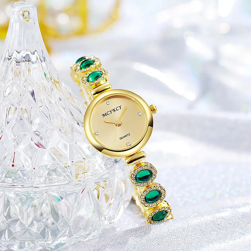 KAIRIS Women's Quartz Watch Gold Tone Green Crystal Bracelet Round Dial Rhinestone Elegant Fashion Wristwatch