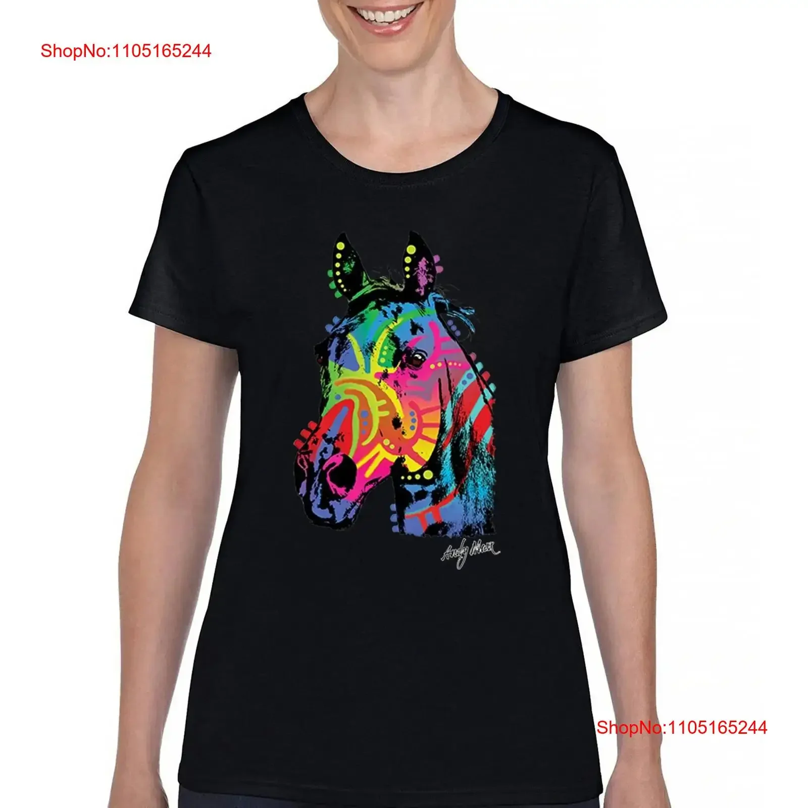 قوس قزح الحصان تي شيرت دين روسو الملونة نابضة بالحياة لطيف النيون الحيوان المرأة خمر غسلها مصمم الملابس امتدت أنيق