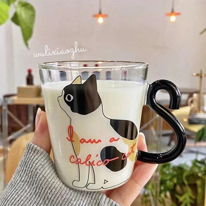 250ml Glass Cup Cartoon Cat Pattern Cup With Handle Milk Cup Breakfast Cup Heat Resistant And Microwaveable