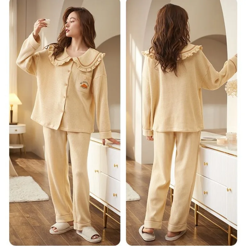 2024 New Princess Pajamas Autumn Cute Doll Collar Loungewear Pure Cotton Waffle Ladies' Sleepwear Couple Style Loose Homewear