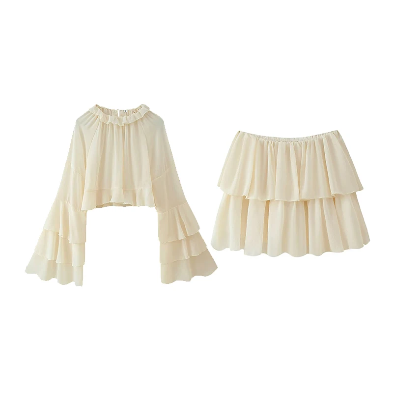 

Z 2025 Новый летний женский модный комплект с блузкой из полиэфирного волокна Long Sve и юбкой f с кружевным подолом, комплект из двух предметов