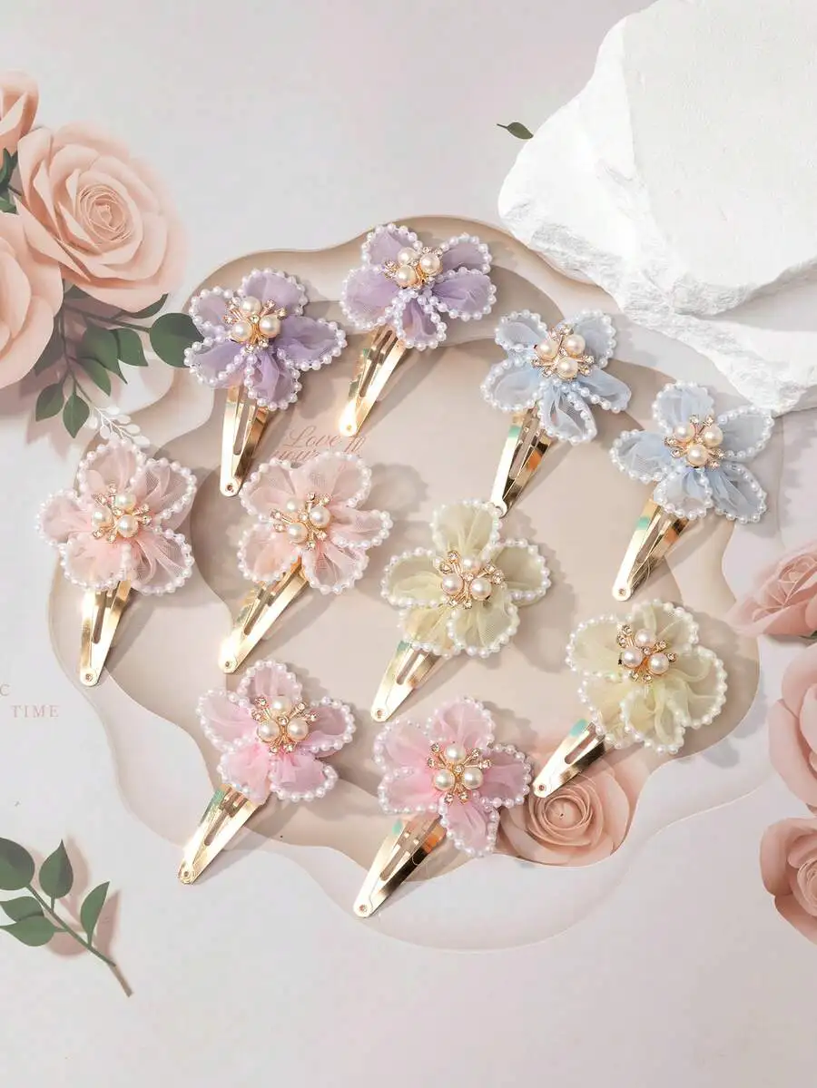 

10pcs Floral Pearl Hair Clips Chiffon Flower Barrettes For Women