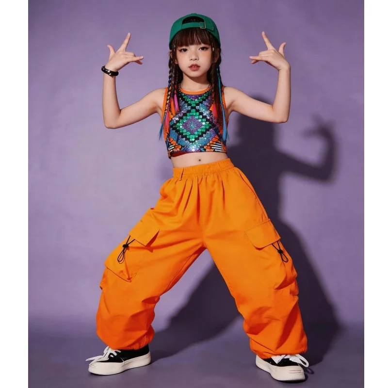新しいジャズダンス服生地女性の-kpop-ヒップホップ服幾何学プリントクロップトップオレンジカジュアルワークパンツ