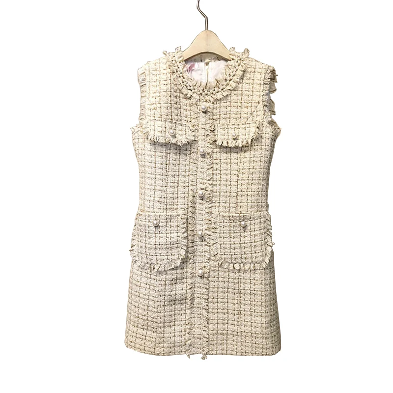 

Apricot Tweed Dress 2024 spring / autumn women's dress tassel ladies slim bottoming dress one-piece