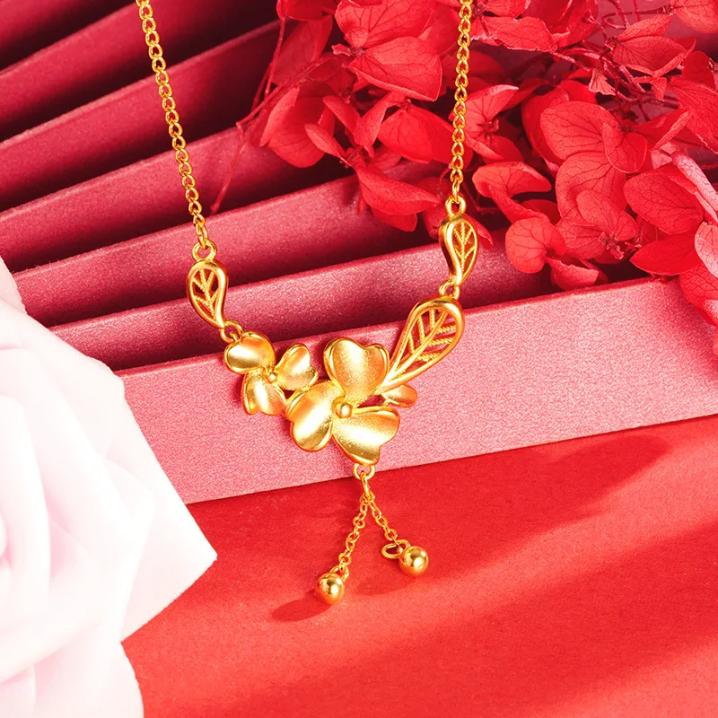 

Luxury 24K 9999 Pure Gold real gold Twin Flower Three Leaf Flower Leaf Pendant Necklace