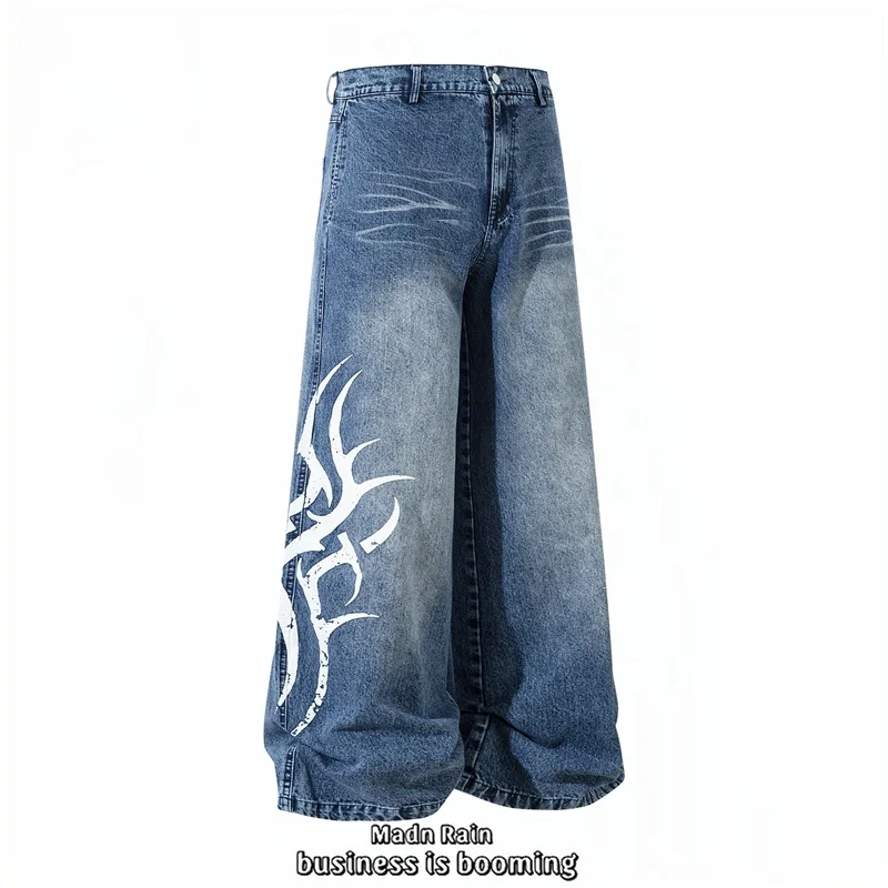 

Джинсы Madn Rain в американском стиле, свободного кроя, повседневные, с принтом, длинные брюки для мужчин и женщин, молодежные, популярные, прямые джинсы
