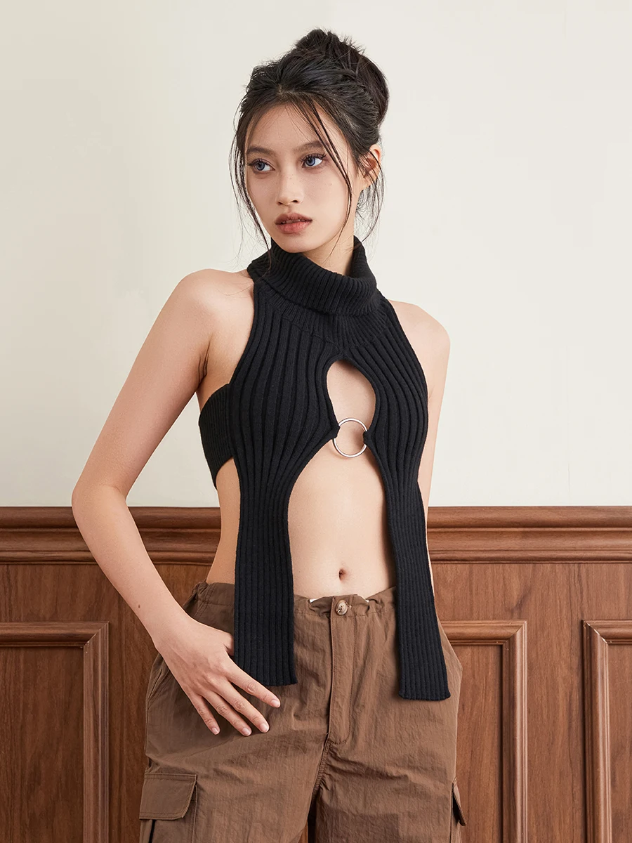 wsevypo =Irregular Knitted Halter Vest Women Streetwear Sleeveless Backless High Neck Front Cutout Metal Ring Slit Hem Tanks