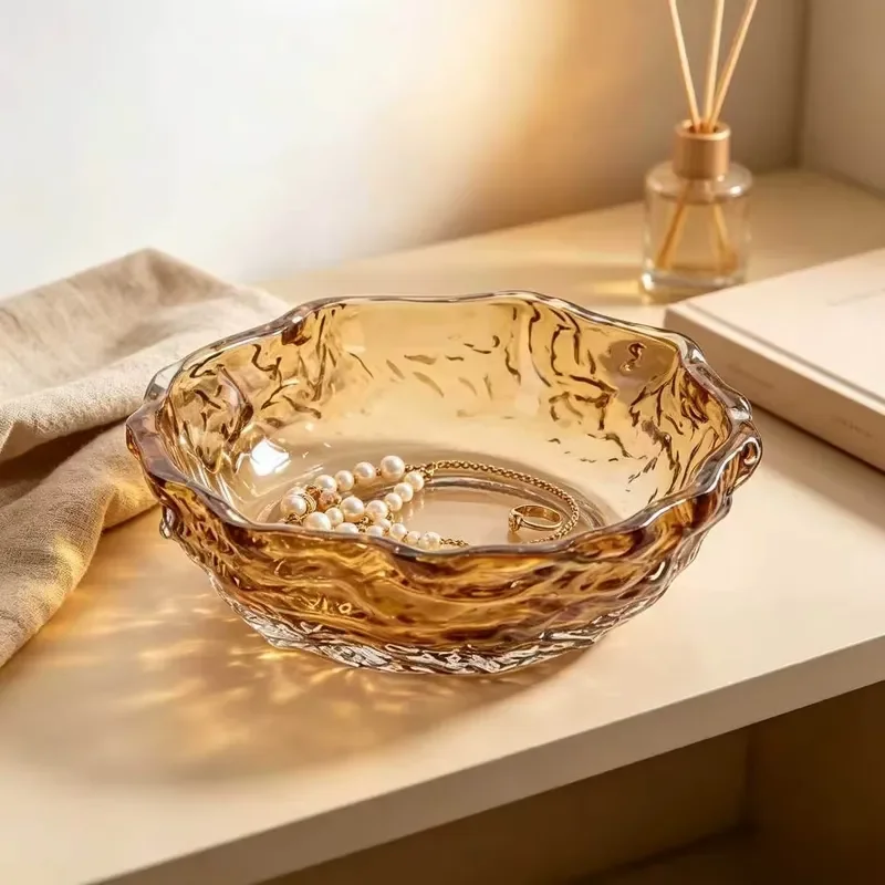 Amber crystal storage plate, wavy edge bark texture bowl, for storing jewelry, keys, cosmetics and other items