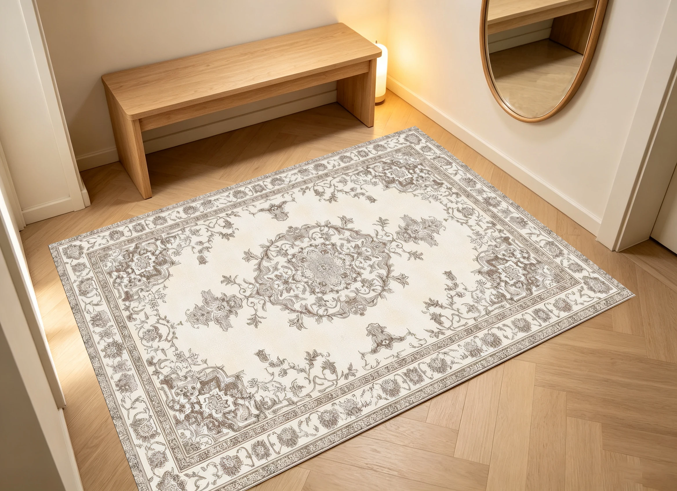 2D Beige-Gray European Retro Velvet Rug Soft and Skin-Friendly, Suitable for Living Rooms and Bedrooms, Enhances Space and