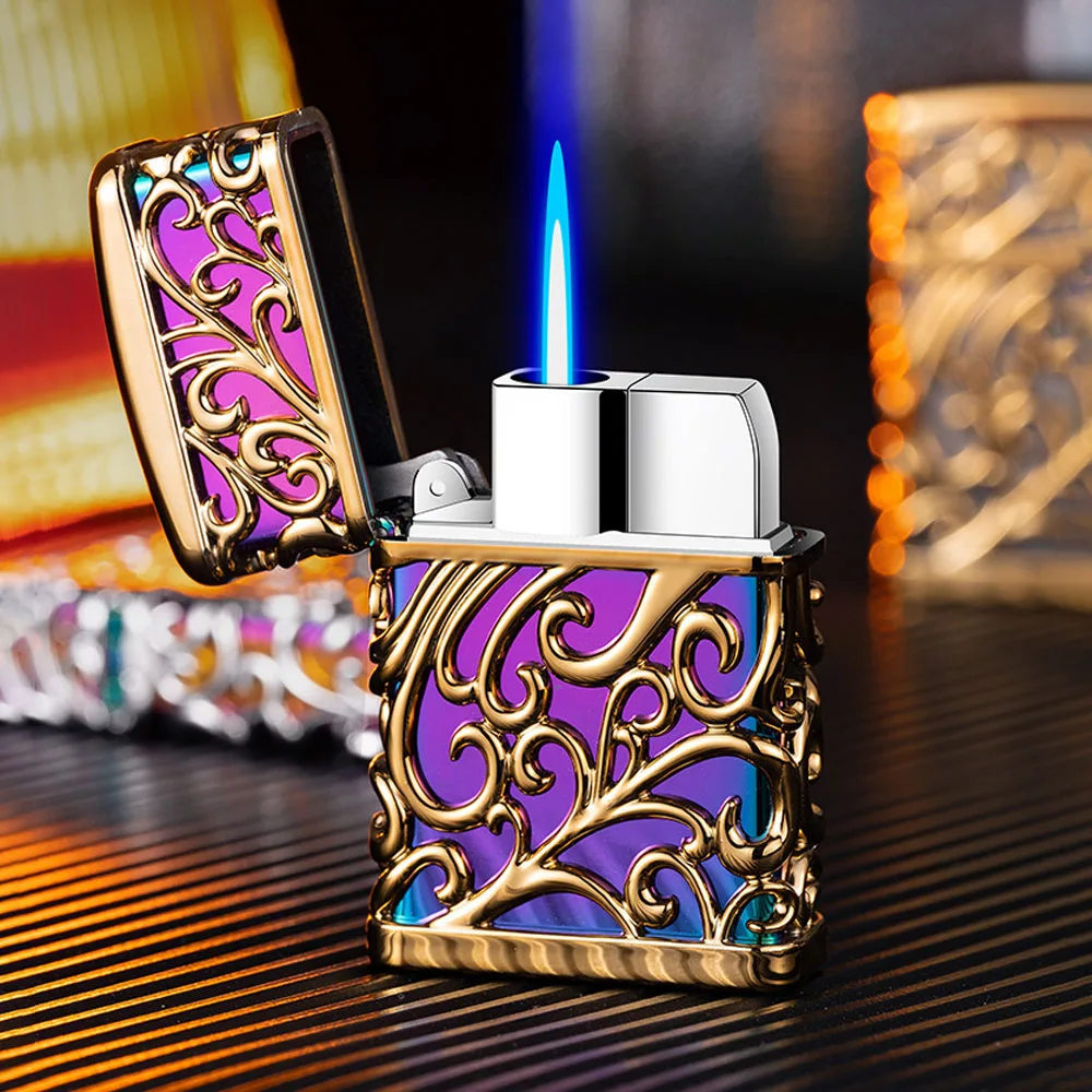 Creative Hollow Pattern Windproof Jet Lighter Cool Metal Body Blue Flame Refillable Butane Gas Torch Lighters Gift For Men