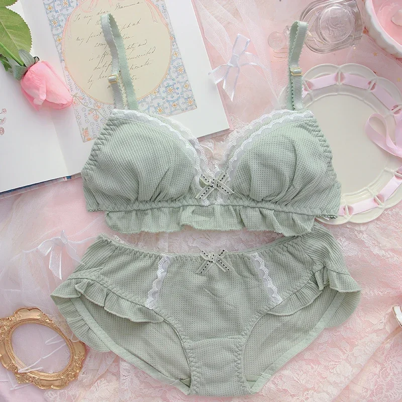 Sweet Bras Undewear Set Japanese Kawaii School Girl Breathable Cotton Push Up Cute Intimate Lace Floral Lolita Bow Lingerie 2024