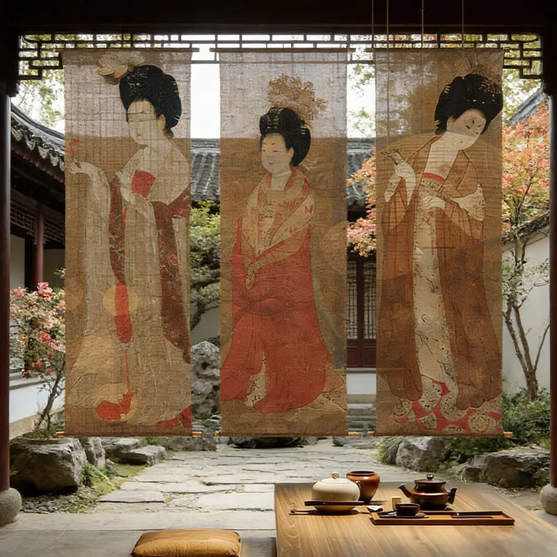 Retro Chinese Court Ladies Sheer Curtain Tapestry Figure Art Ink Painting Hanging Cloth Wall Decor Home Hotel Partition Curtain