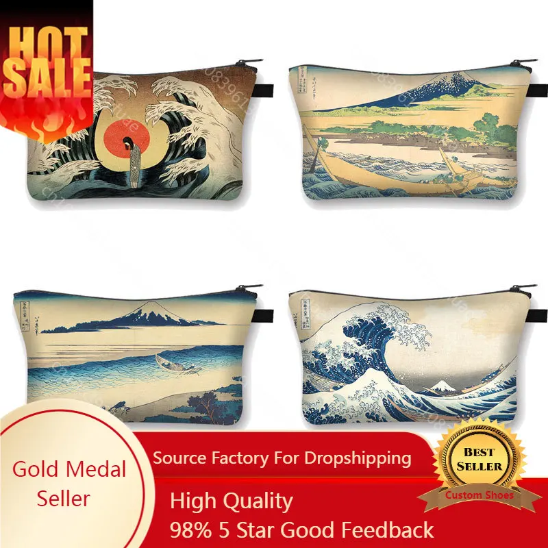 Art Cosmetic Bag Women Fashion Makeup Bag Sea Wave / Sailboat / Volcano Lady Cosmetic Case For Travel Storage Bag