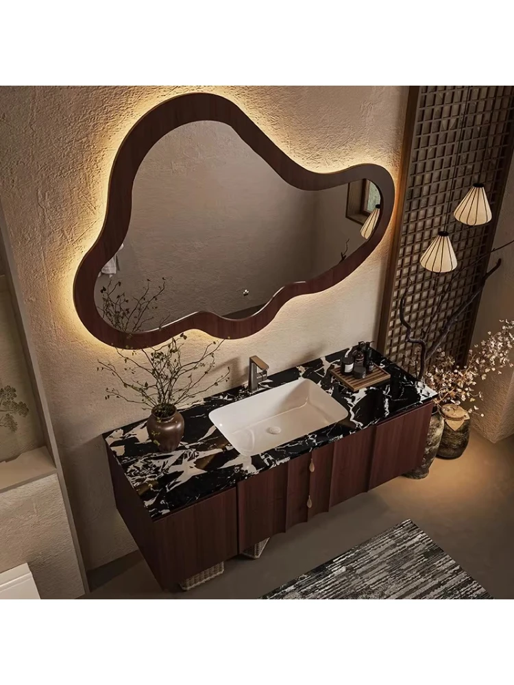

High-end retro Song aesthetic bathroom cabinet combination slate ceramic integrated washbasin cabinet