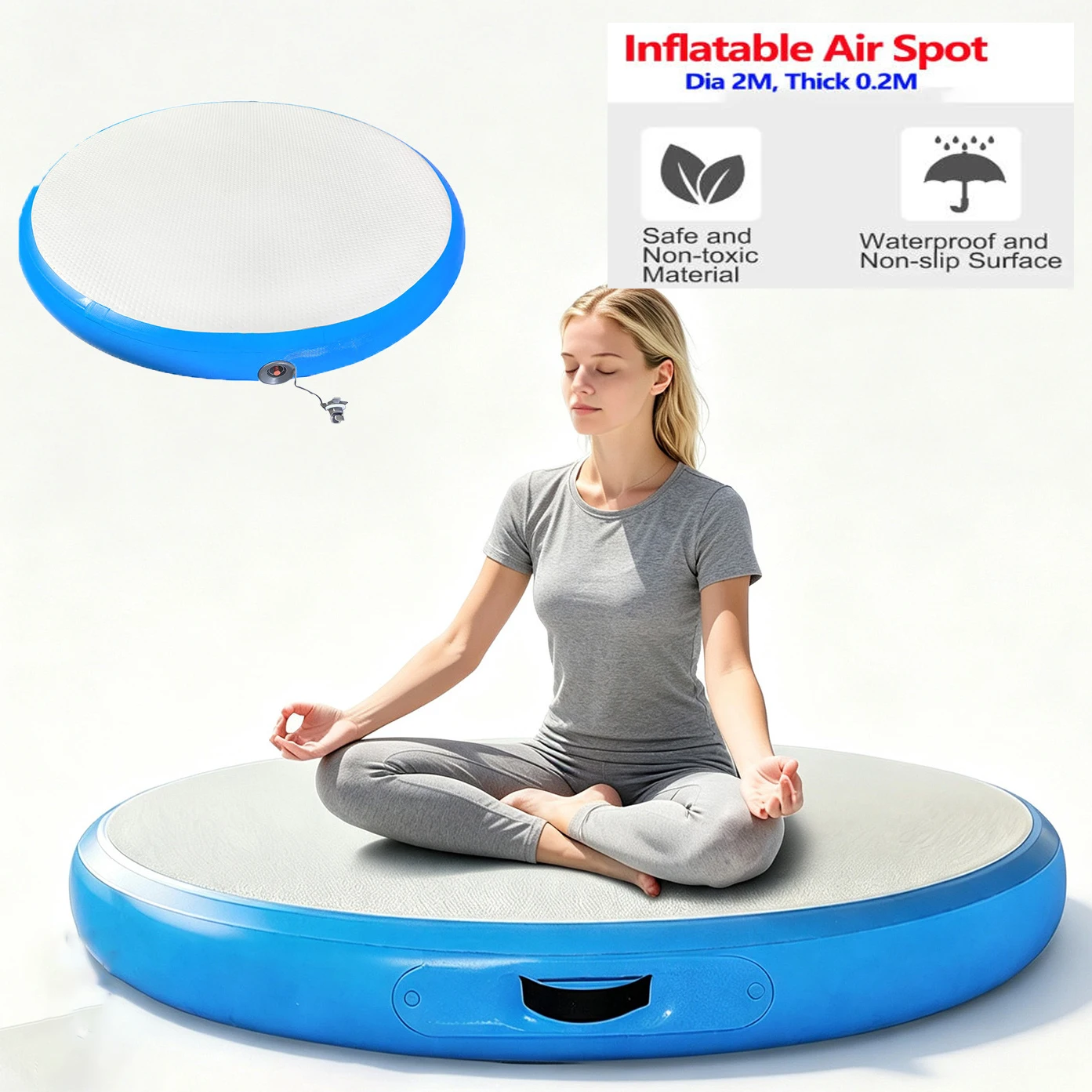 Inflatable Round Air Spot Mat Dia 2m,Thick 20cm PVC Air Track Pad for Yoga Training Floating Platform for Pool Home Fitness