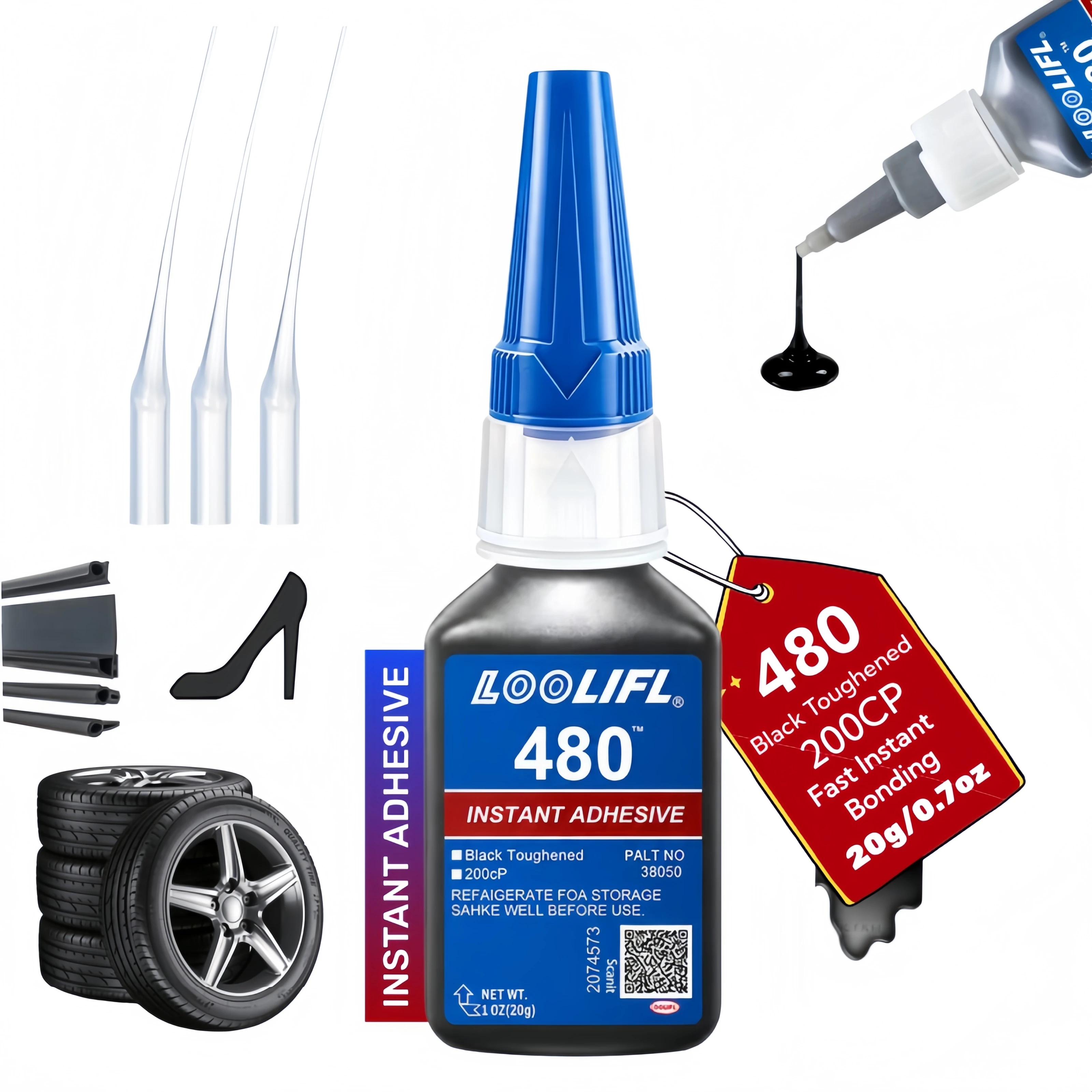 Schwarzer Superkleber 480, schnelltrocknender schwarzer Cyanacrylat-Klebstoff, geeignet für Leder, Gummi, Reifen und Kunststoff. Hochfester Flüssigklebstoff, Rissreparatur, Klebstoff zur Reparatur von