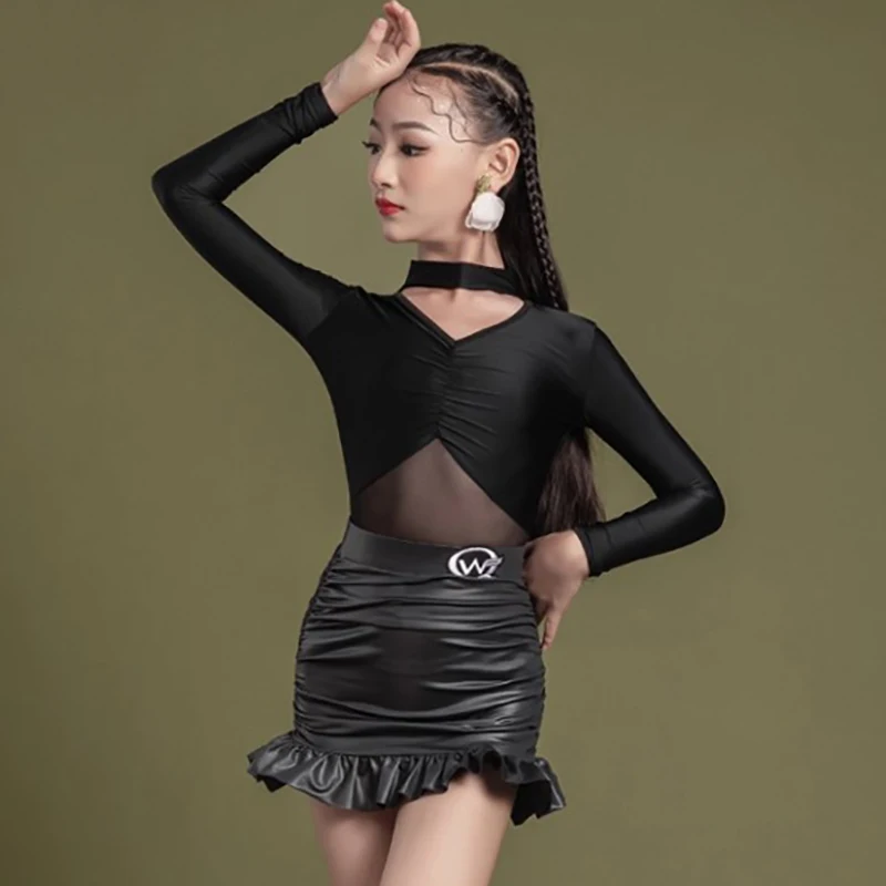 Dziecięcy strój do tańca latynoamerykańskiego dla dziewczynek, body z długim rękawem i spódniczka z zakładkami, standardy, profesjonalny strój do występów i egzaminów dla dzieci.