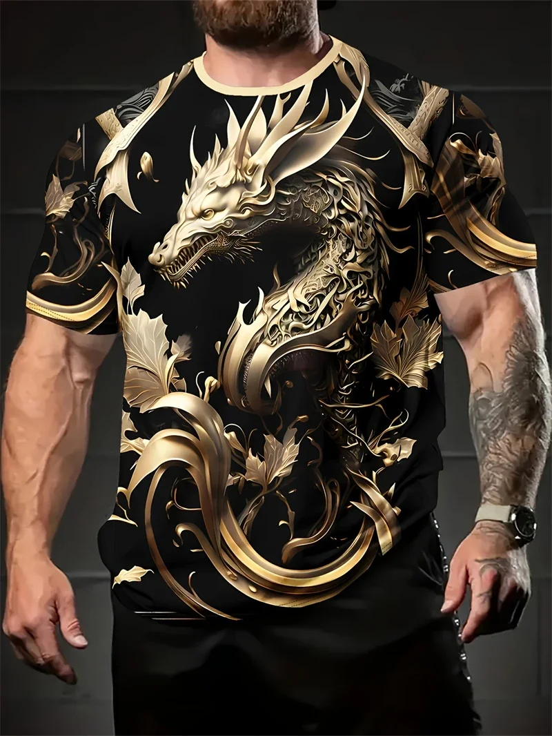 Herren-T-Shirt mit goldenem Drachen-Print, lässiger Rundhalsausschnitt, kurze Ärmel, verzierte grafische Oberteile mit mythischen Kreaturen für einen gewagten Street-Style