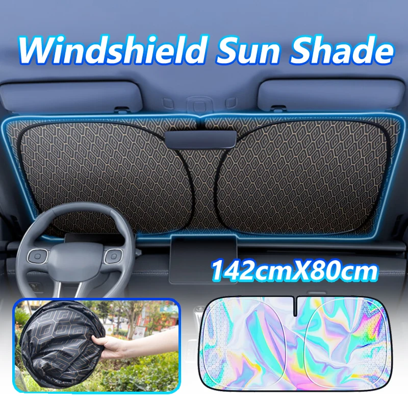 Car Windshield Sun Shade 142x80cm Foldable UV-Reflective Coating Car Sunshade for Front Windshield Auto Sun Protection Cover ﻿