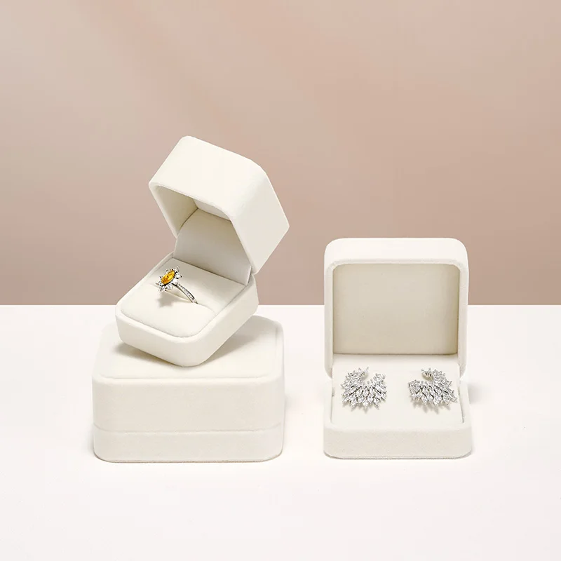WoodTen Velvet Ring Jewelry Box Beige Earring Box Necklace Bracelet Storage Case Jewelry Organizer Jewelry Gift Box for Wedding