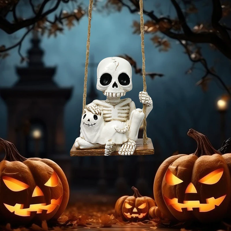 1pc Halloween Schaukel Schädel Halten Geist Katze Statue Garten Von Einrichtungs Schlafzimmer Balkon Im Freien Dekoration Party DIY Liefert