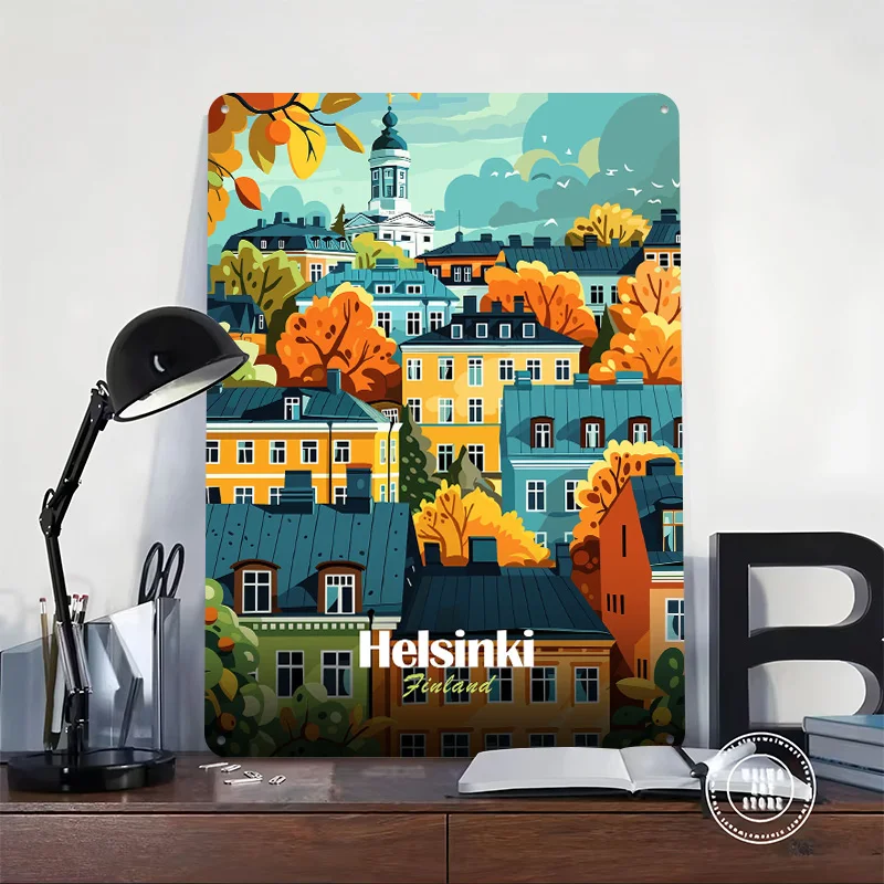 Helsinki Finland Cityscape Personalized 3D Textured Metal Poster Wall Art Vintage Tin Signs for Home Decor Accessories Wand Deko