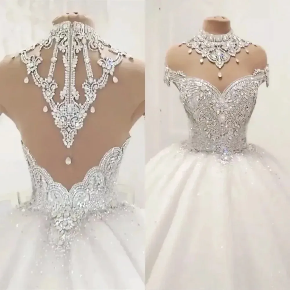 

Luxury Dubai Empire Wedding Dresses 2025 Crystal Beaded Puffy Bridal Gowns Vintage See Thru Back Wedding Gowns Robe De Mariee