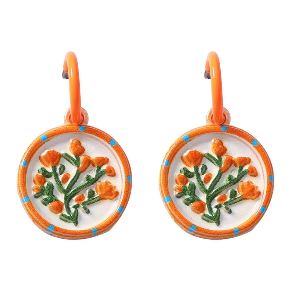 Resin Bohemian Pendant Earrings Flower Pattern Ceramic Beach Printed Drop Earrings Rectangular Gold C Ring Dangle Earrings