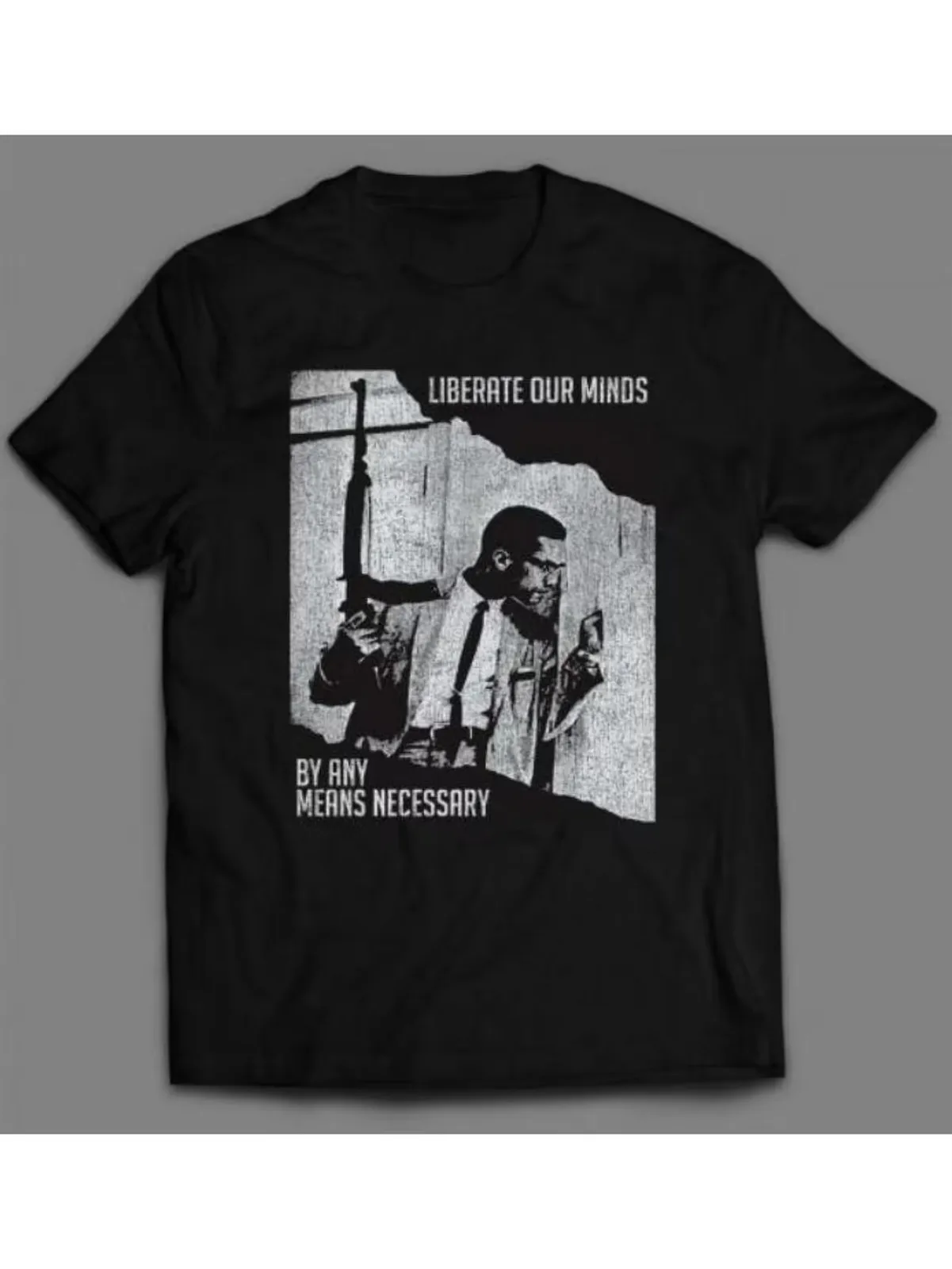 

Mens Malcolm X Graphic T-Shirt - Liberate Our Minds Design, Black Cotton Crew Ne