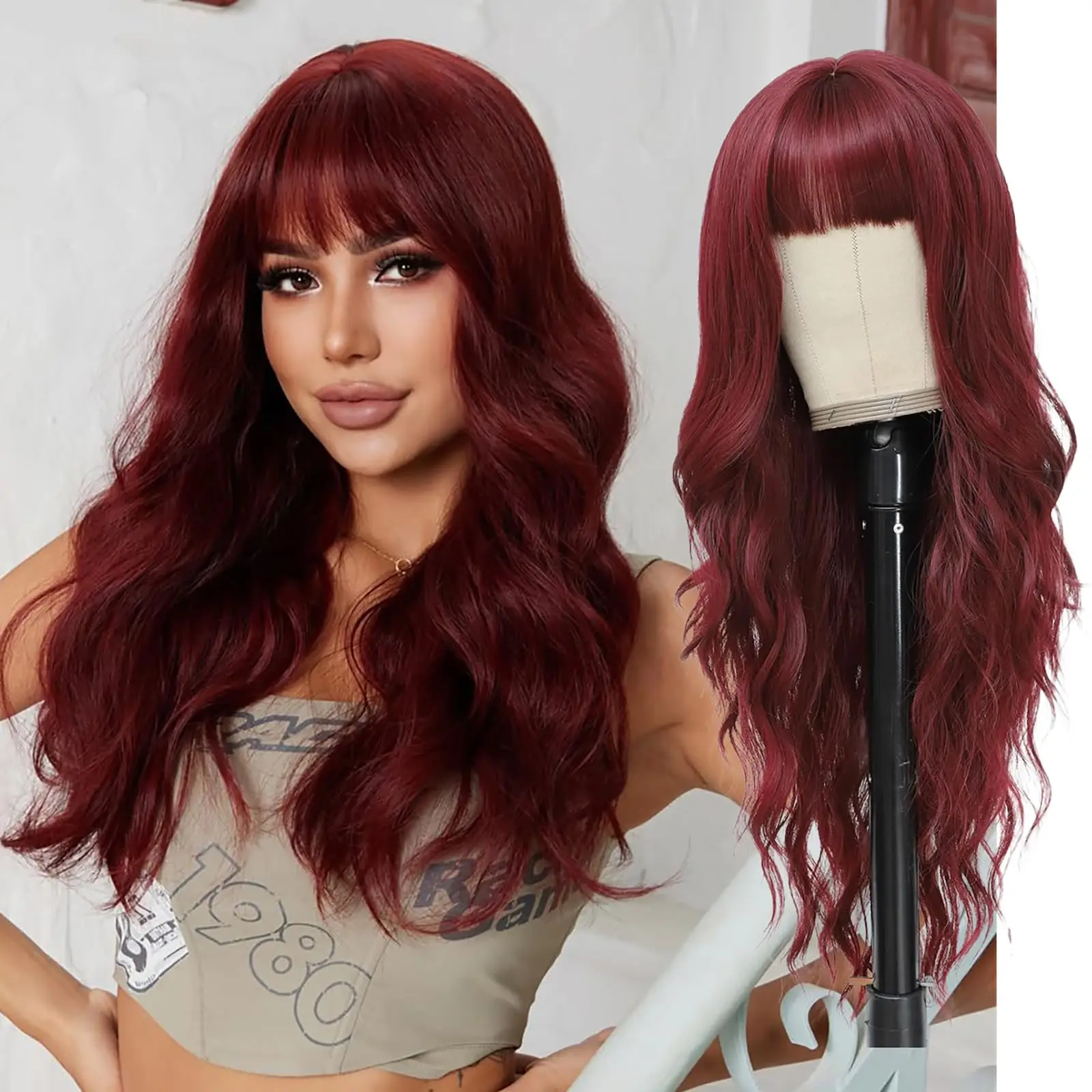 

Синтетический парик цвета красного вина с крупными волнами для вечеринки на Хэллоуин, парик для косплея, повседневный парик, комплект париков из термостойкого волокна.