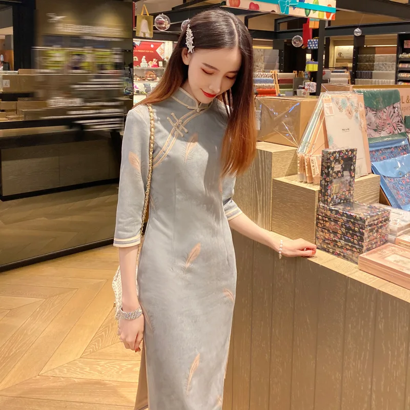 

Chinese Traditional Cheongsam Light Blue 3/4 Sleeve Dress Vintage Slim Female Women Mid Long Qipao S To 2XL