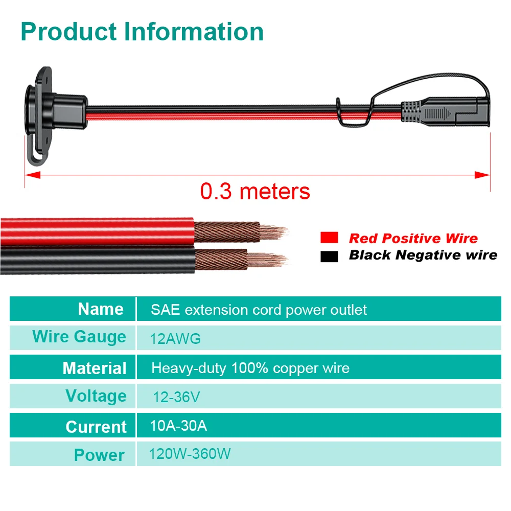 12AWG SAE Quick Connector Harness Adapter Waterproof SAE Extension Cord Sidewall Port for Solar Panel Generator Battery Charger